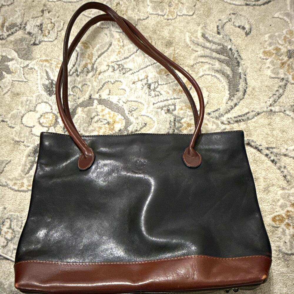 Made in Italy Black & Brown Leather Tote Bag, Zip, Satin Lined, Pockets